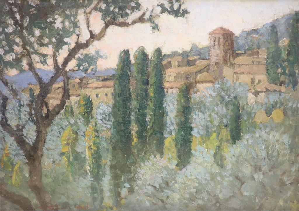 French School, oil on canvas board, View of Assisi, Italy, indistinctly signed, 23 x 32cm